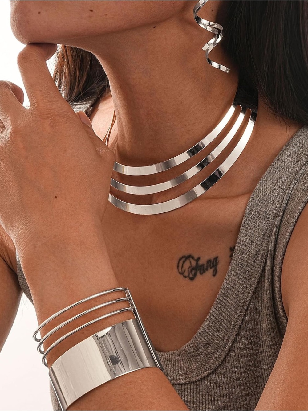 Anthropologie set Silver color Multi-Band Collar Necklace and bracelet and ring